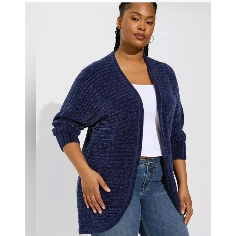 Torrid Women Cardigan 4X Blue Chenille Cocoon Open Front Ribbed Cozy Soft NWT